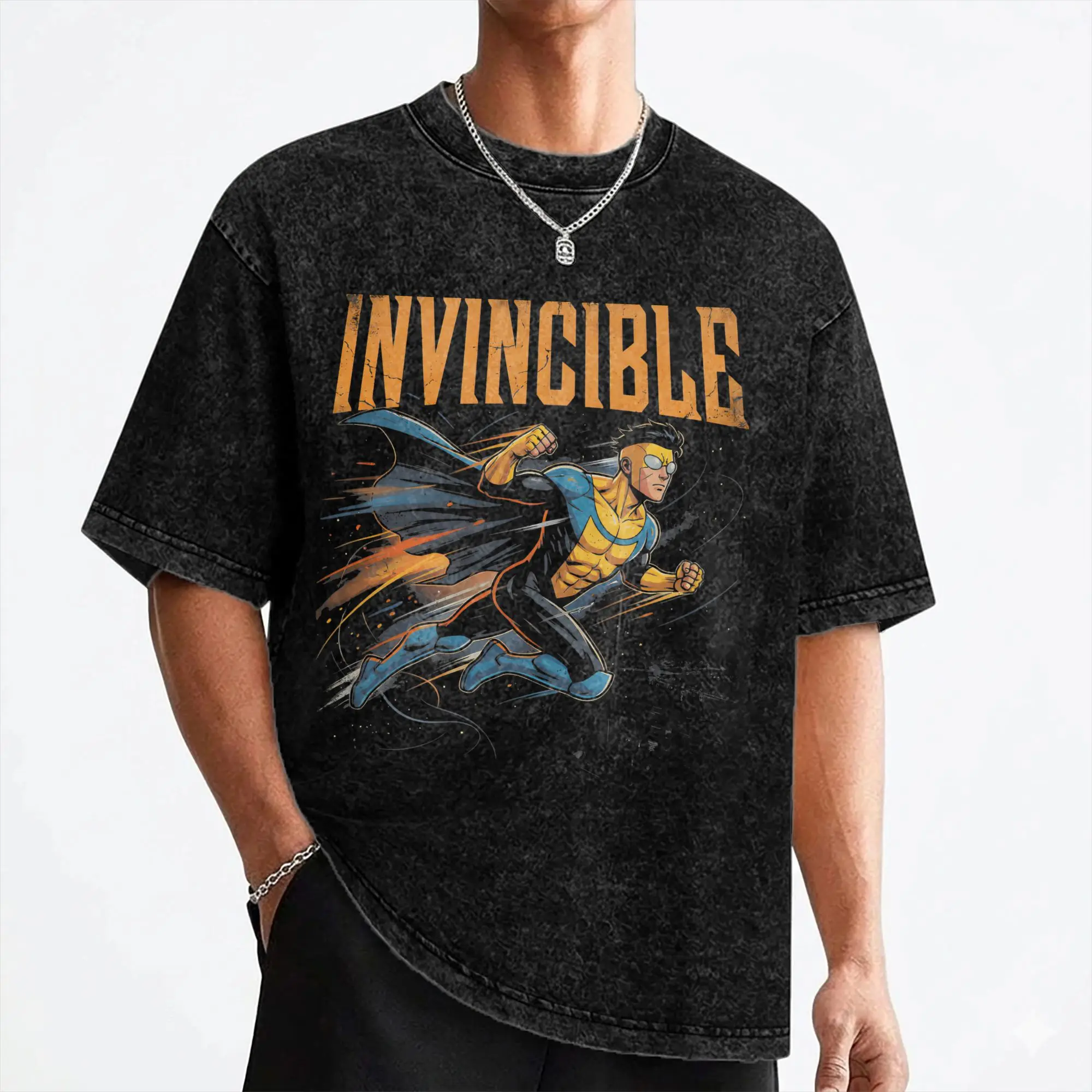 Vintage Comic Invincible Vintage Washed T Shirt Men's Cotton Short Sleeve  Round Neck Summer Tops Shirts