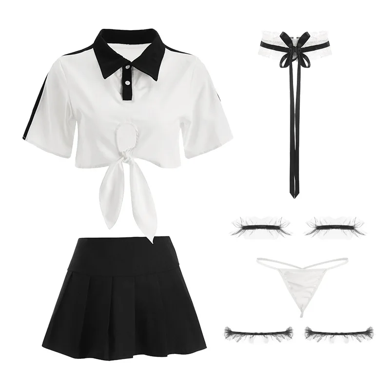 Süße 2 Farben Aushöhlen Bogen Verband Frauen Schulmädchen Uniform Mesh Cosplay Kostüme Schöne Sexy Dessous mit Rock Tempatation