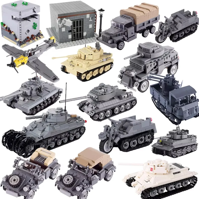 MOC WW2 Military War Vehicle Building Blocks Army Soldier US Spitfire Tank Armored Vehicle BF109 Fighter Jet Prison Cage Toys