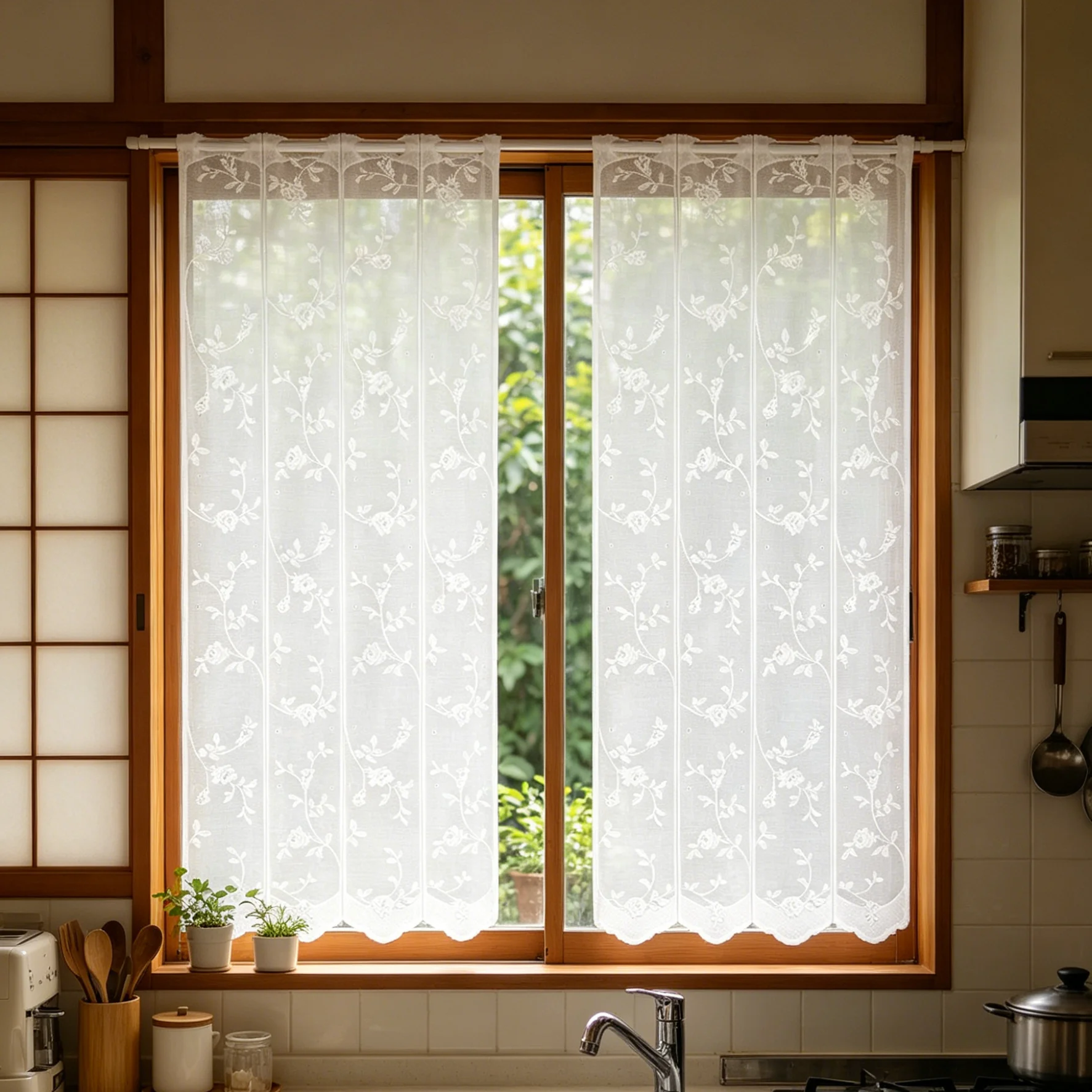 Fresh Countryside-Style Rose Lace Curtain with Wavy Bottom. Suitable for Both Bedroom and Study. Common for Small Windows.