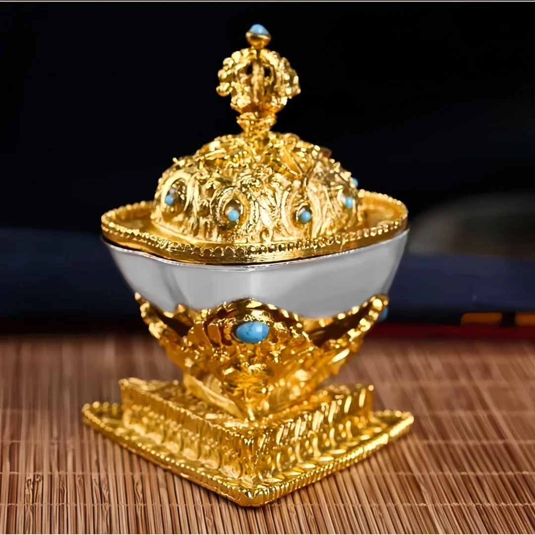 Tibetan Gilt Alloy Toba Bowl Offering Cup Home Temple Decor Buddhist Altar Statue