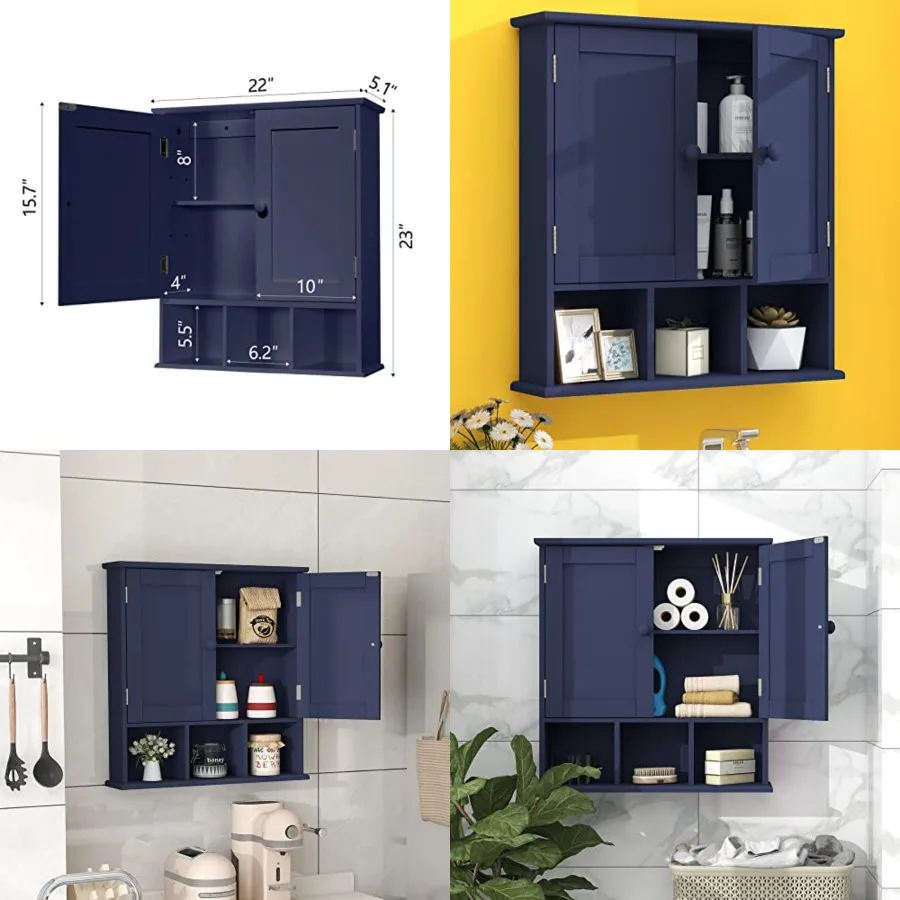 

Bathroom Over The Toilet Storage Cabinet, Wall Medicine Cabinet Organizer with 2 Door Adjustable Shelves, Wooden Modern Bathroo