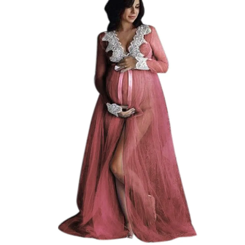 Maternity Dresses For Photo Shoot One-piece Mopping Dress For Pregnant Front Split Lace Pregnancy Photography Clothes Net Yarn