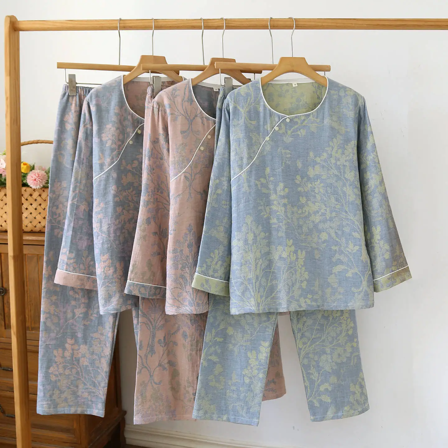 

National Style Summer and Autumn Cotton Sleepwear Clothes Set for Women Diagonal Collar Mid Length Homewear Pijama Suit