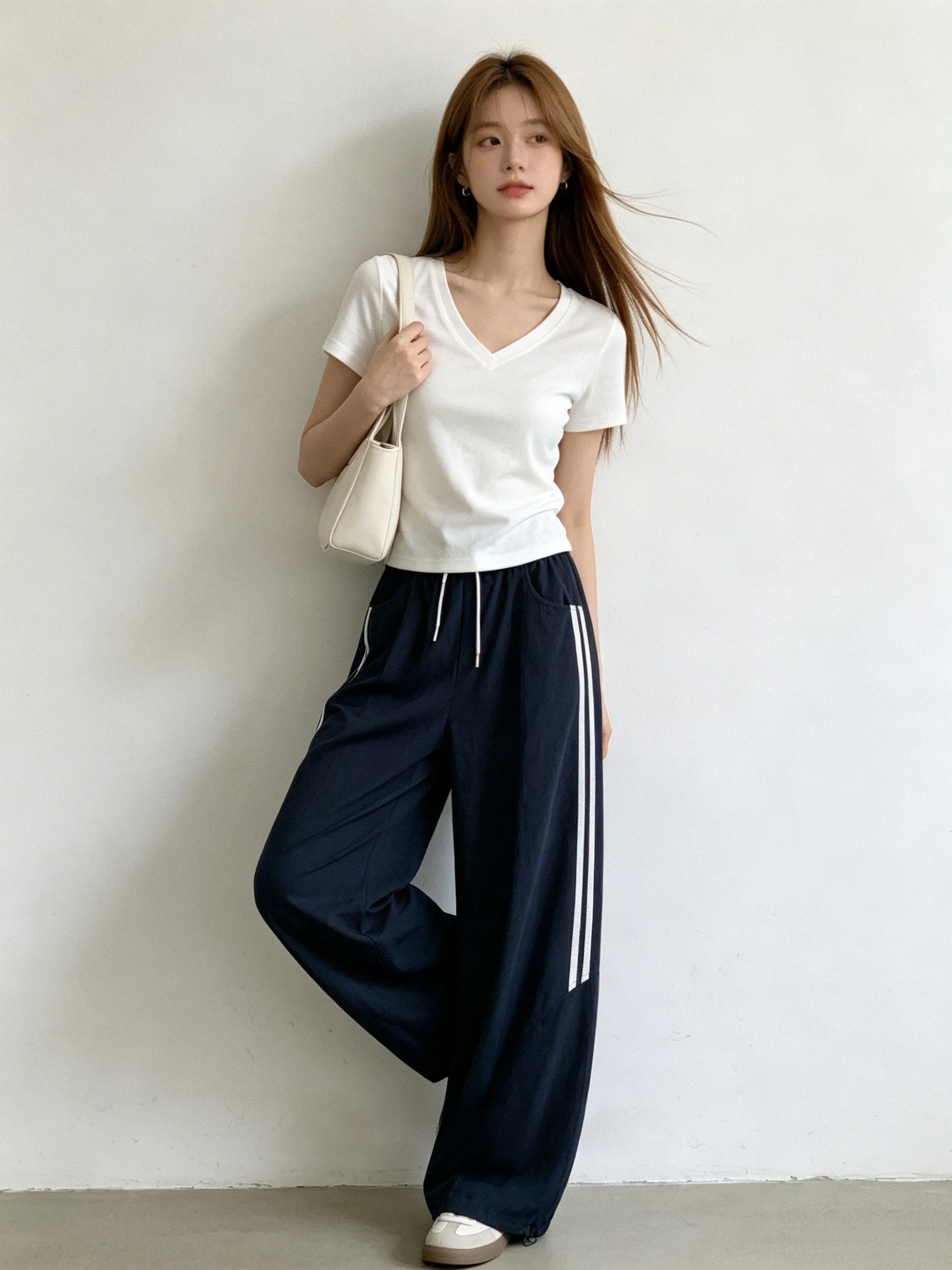 

High Waist Striped Wide Leg Pants Summer Drapey Skin-friendly Loose Slimming Drawstring Sporty Casual Trousers