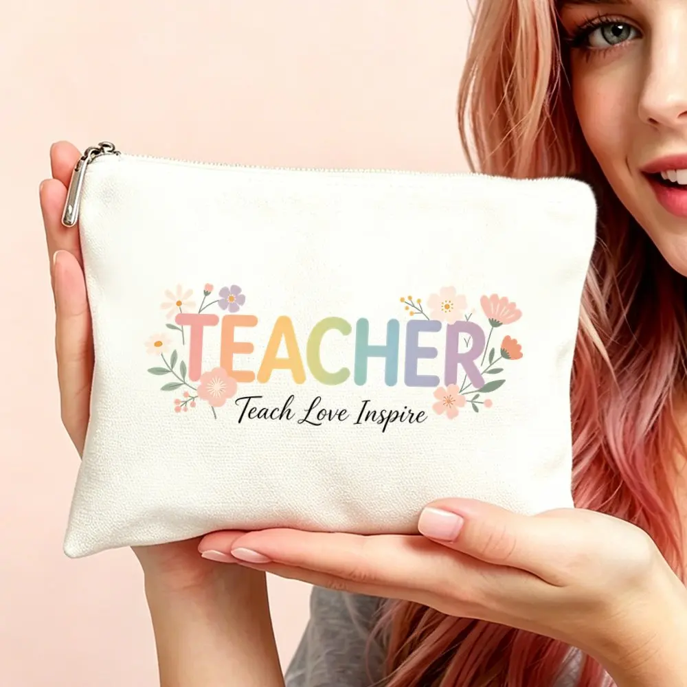 1pc Makeup Cosmetic Bag Toiletry Pouch Gift Bag Women Floral Teach Love Inspire Teacher Makeup Bag Teachers Appreciation Gifts