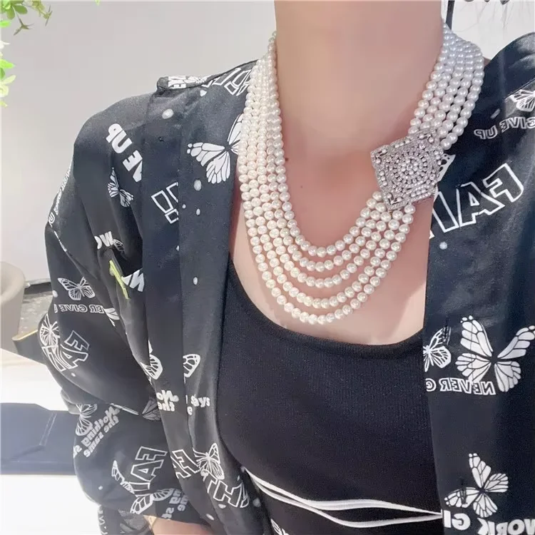 5 strands Natural freshwater pearl multi-layer short collarbone CZ necklace