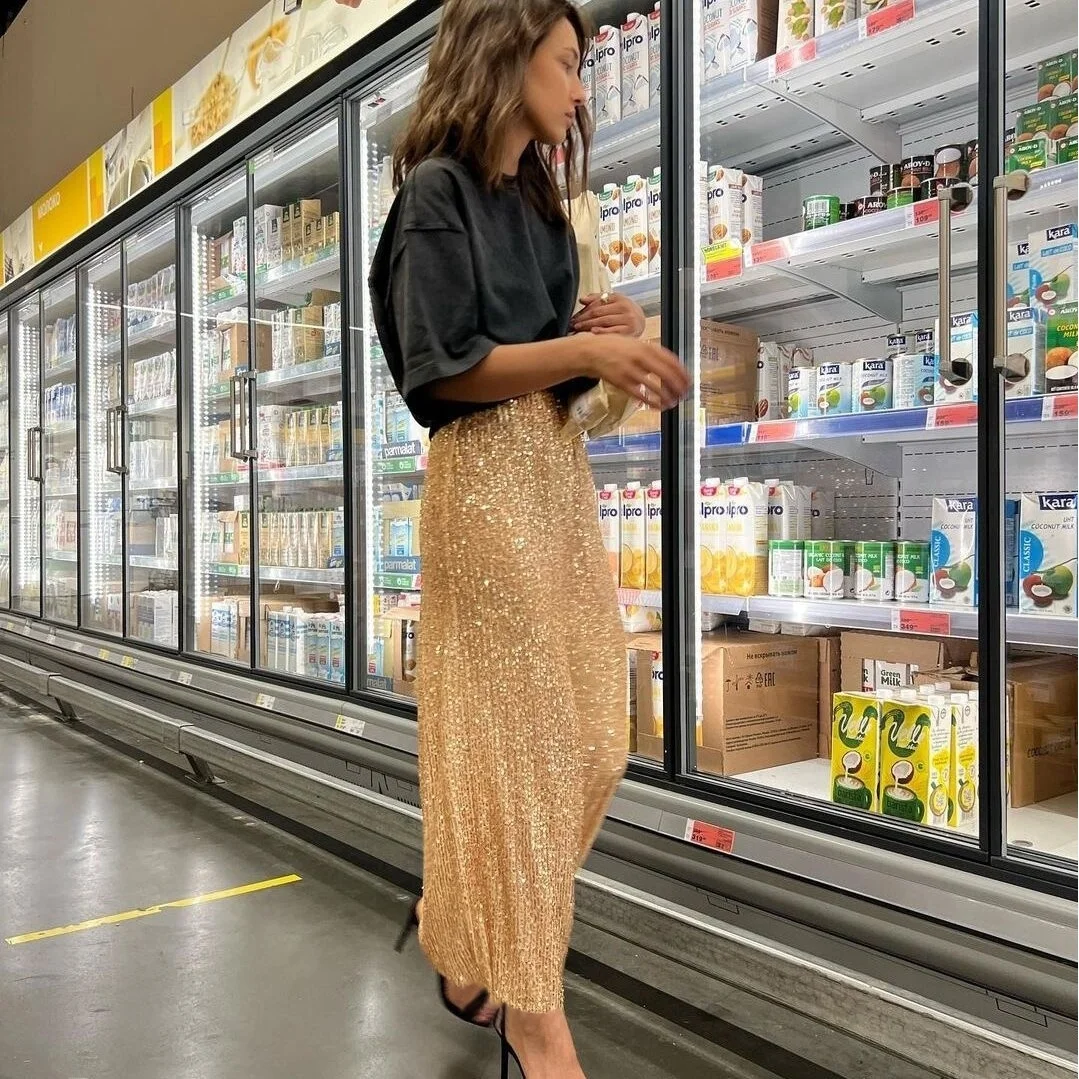 Fashionable Casual  Color Sequin Split Back  Skirt Spring Summer Autumn Polyester Material No Brand British Style