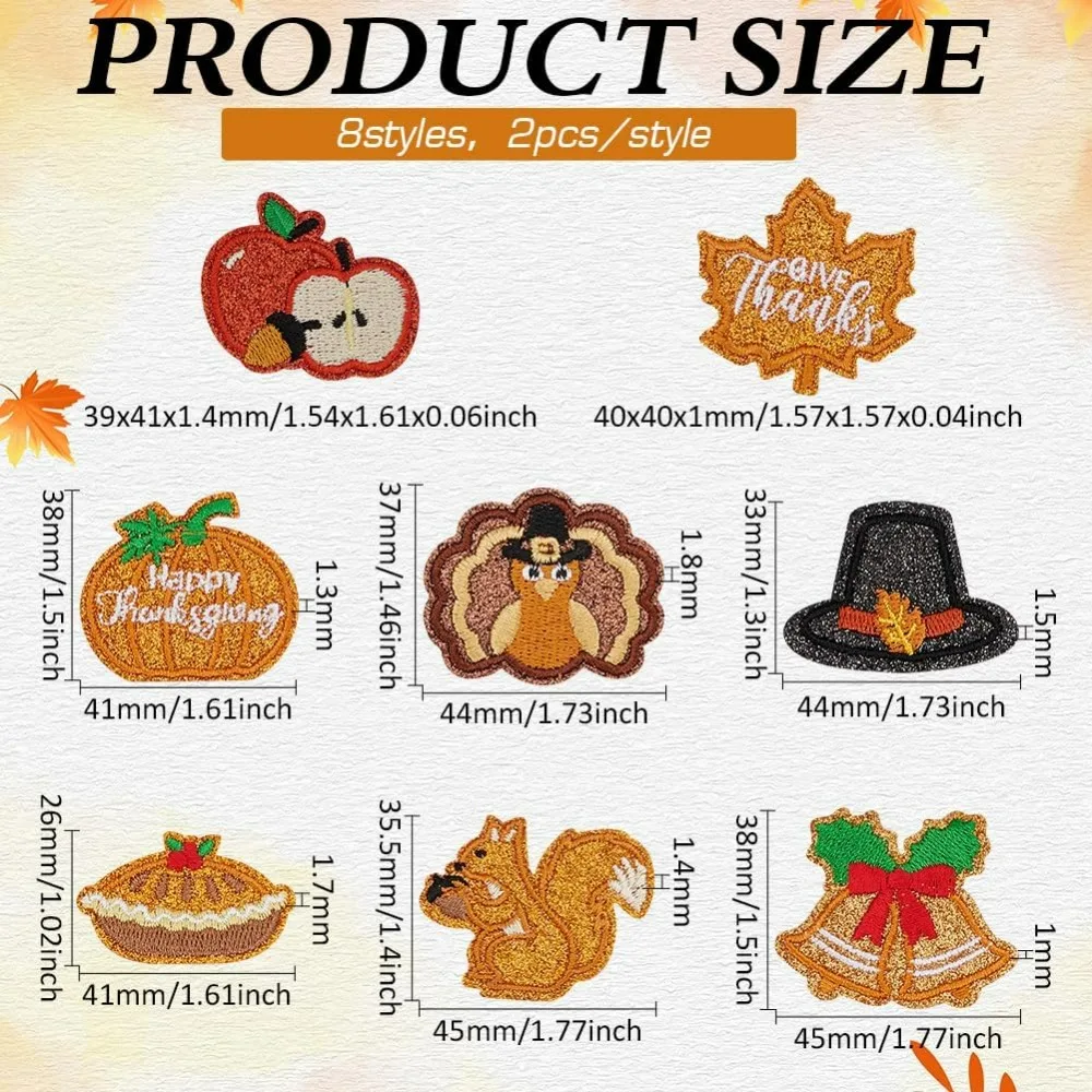 16 PCS Fall Thanksgiving Patches 1.5x1.7inch Food Squirrel Peacock Pumpkin Bell Apple Leaf Iron on Patches with Glitter Powder