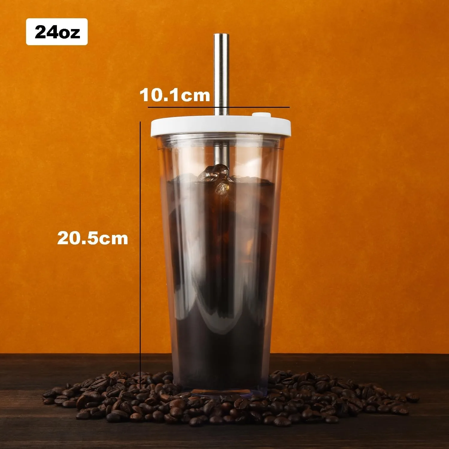 24 oz Iced Coffee Cup, Reusable Plastic Bubble Tea Cup, Double Wall Cup Cold Smoothie Cup Tumbler with Lid and Straws - White