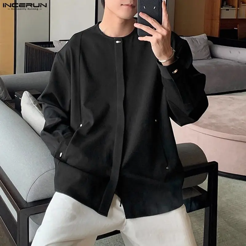 

INCERUN Мужская рубашка Сплошной цвет с круглым вырезом и длинным рукавом Повседневная мужская одежда Уличная одежда Свободная рубашка в корейском стиле Модные мужские топы S-5XL