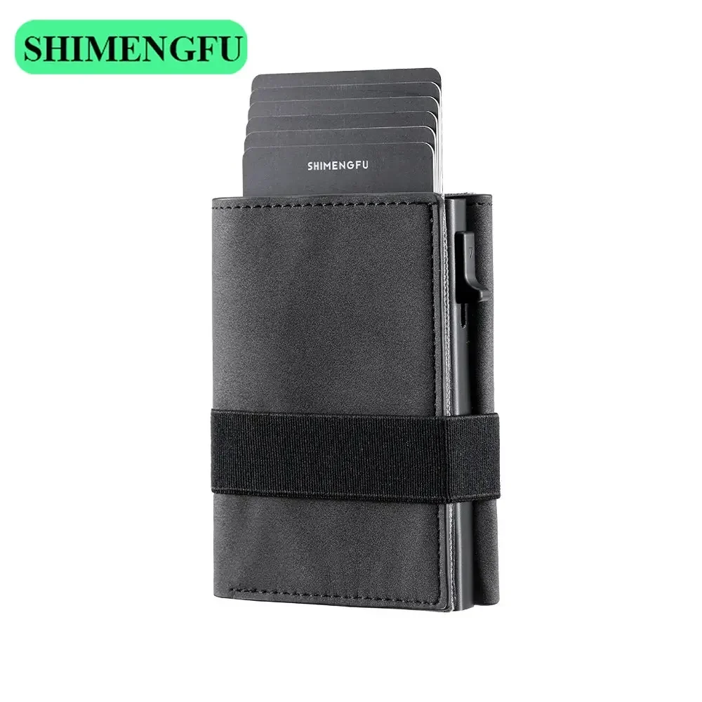 

2025 Leather Men Wallets RFID Blocking Elastic Band Short Card Holder Male Purse Vintage Coin Credit Card Holder Cash Bill Slot
