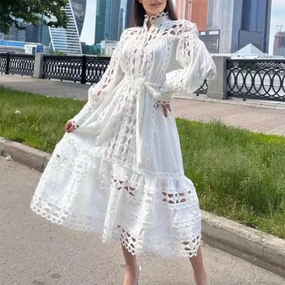 VGH Solid Patchwork Lace Up Loose Dresss For Women Stand Collar Long Sleeve High Waist Minimalist Long Dresses Female Fashion