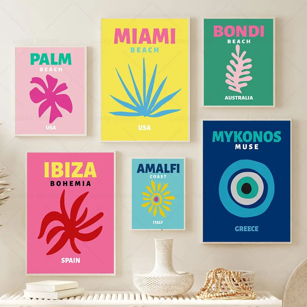 

Mykonos Ibiza Miami Amalfi Bondi Palm Beach Colourful Canvas Paintings Travel Prints Abstract Wall Art Posters Nordic Room Decor