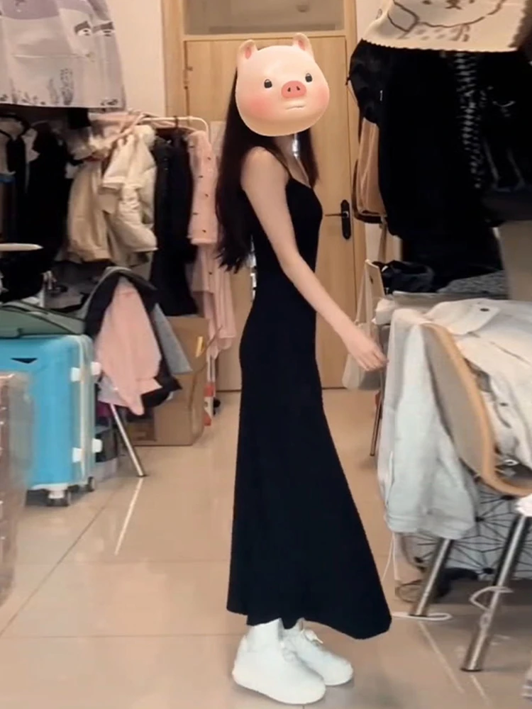 Bla Strapl Schlankmachendes Sommer-Dr. Sexy Hepburn Langes Kleid Damenmode Koreanisch Hohe Taille Polyesterfaser Baumwolle B...