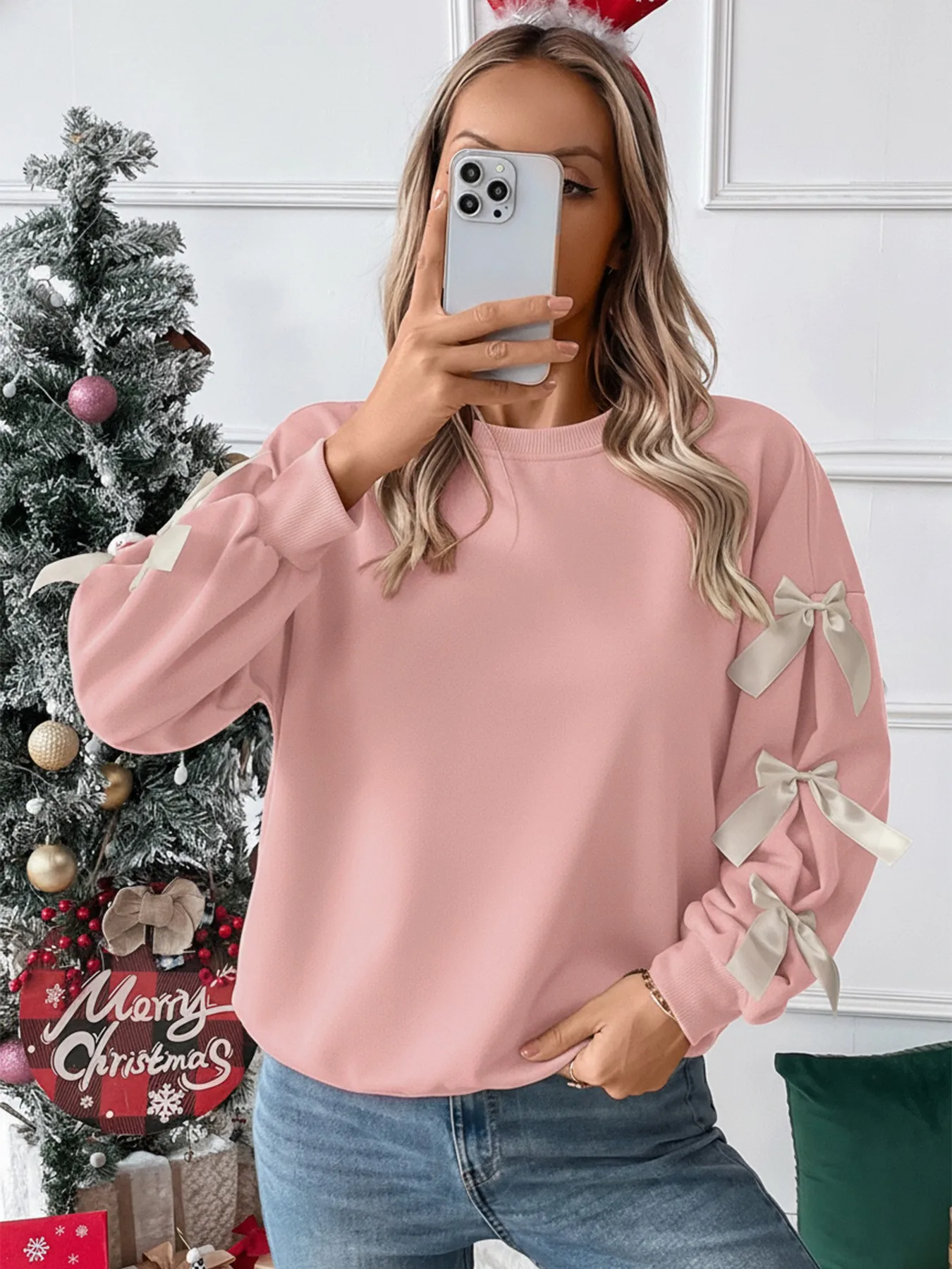 Round Neck Bow Sweatshirt Regular Length Sweet and Fresh with Pullover Patchwork Regular Sleeve Autumn Loose Fit Women Hoodie