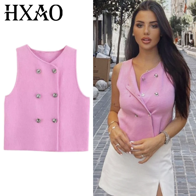 

HXAO Women's Vest Crop Knit Sweater Autumn 2025 Pink Cropped Button Sleeveless Vest Woman Waistcoat Fashion Knitwears Top Female