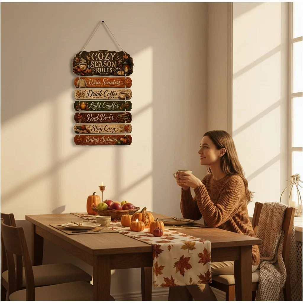 Gemütliche Herbstregeln Holzschild zum Aufhängen, Vintage Bauernhaus Wanddekoration für Tür, Kamin und Wand
