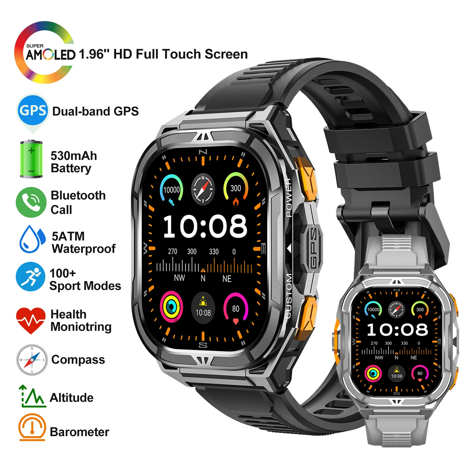 

Dual-band GPS Smart Watch Compass 5ATM Waterproof Sport Tracker Health Monitor Voice Assistant Bluetooth Call Outdoor Smartwatch