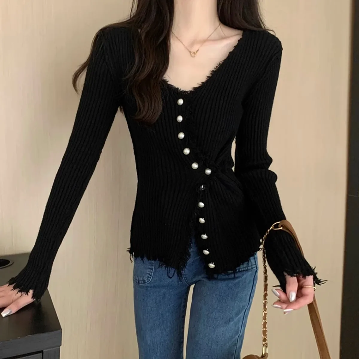 

Button Up Women's Knitted Sweater Y2K Long Sleeve Slim Fit Pullovers for Women Autumn Winter All Match Bottoming Tops