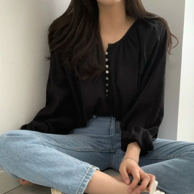 Women\'s Chic Long-sleeved Thin Shirt Elegant Solid Color Loose Blouse All-Match Comfortable Korean Version Summer Outfits