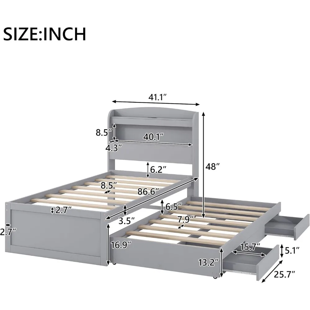 إطار سرير مقاس XL مع لوح رأسي LED للتخزين، ومحطة شحن USB ودرجين، وسرير بمنصة خشبية مع دولاب مزدوج #2