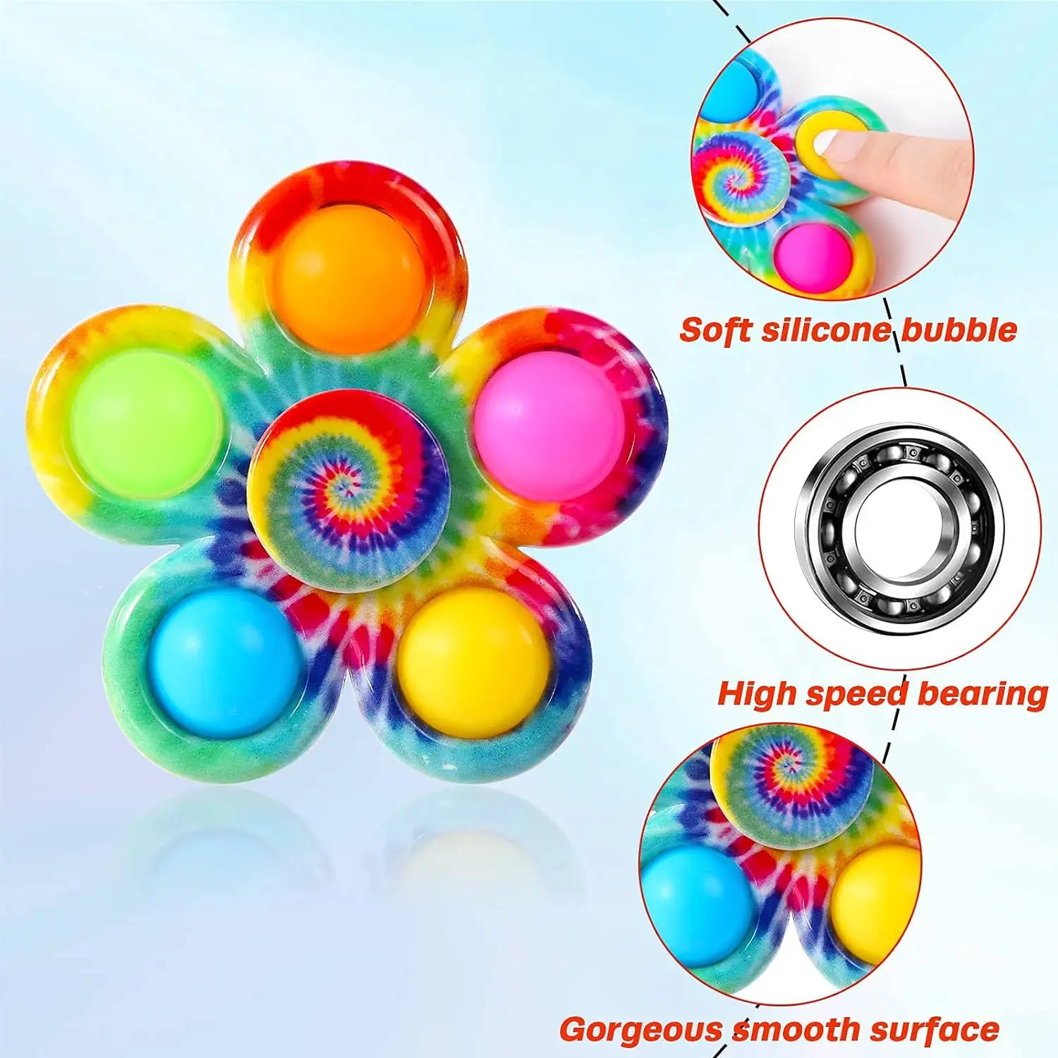 Color Tie‑Dye Flower Pop It Fidget Spinner Silicone Press Bubble Finger Gyro Stress Relief Sensory Toy Party Fillers Gifts