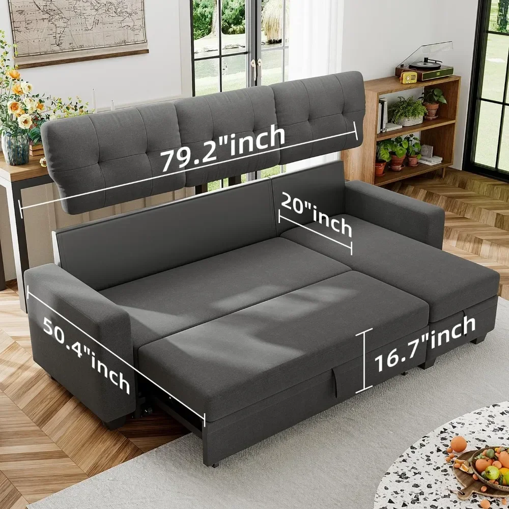 Linen Fabric Furniture for Living Room Sofa Bed Reversible Convertible Sleeper Pull Out Couches With Storage Chaise Sofas