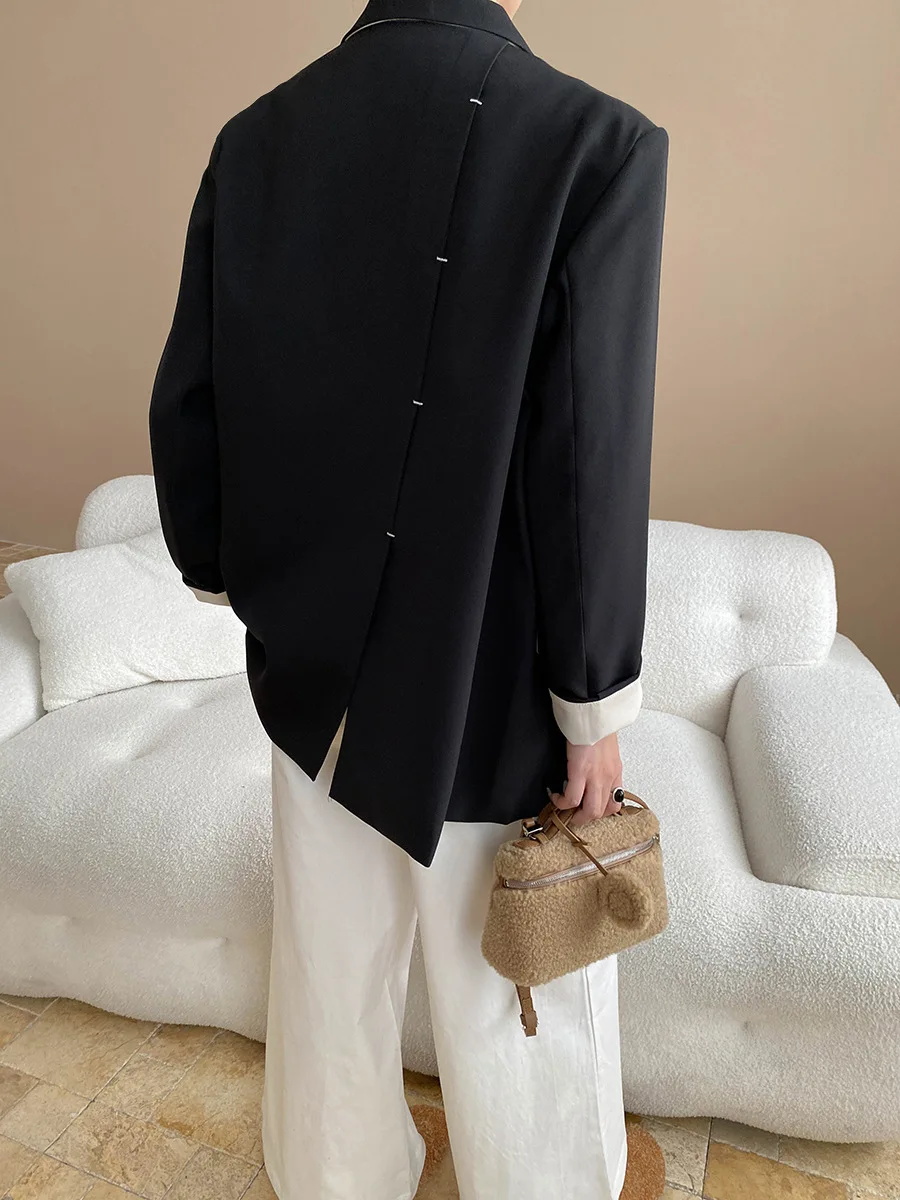 2025 Fashion Autumn New Lapel Long Sleeve Women's Jacket Contrast Cuffs Splicing Temperament Commuter Casual Suit Jacket