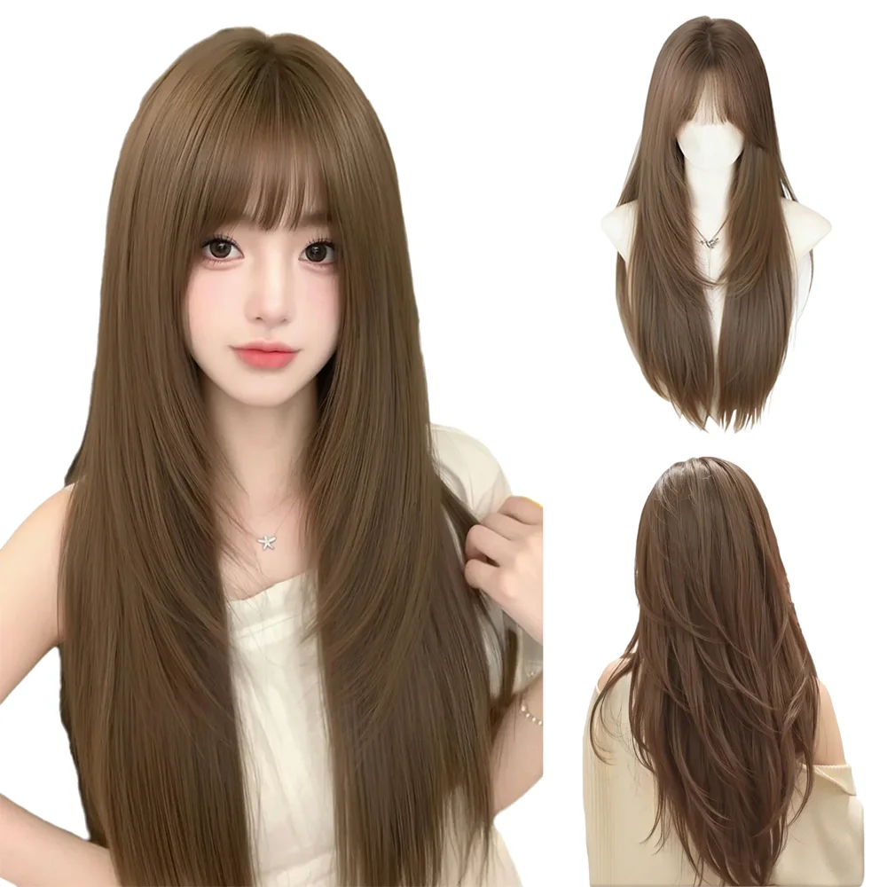 Peruca Lolita de Cabelo Liso de Alta Qualidade de 23 Polegadas com Franja Branca e Roxa, Adequada para Uso Diário e Festas, Natural e Resistente ao Calor