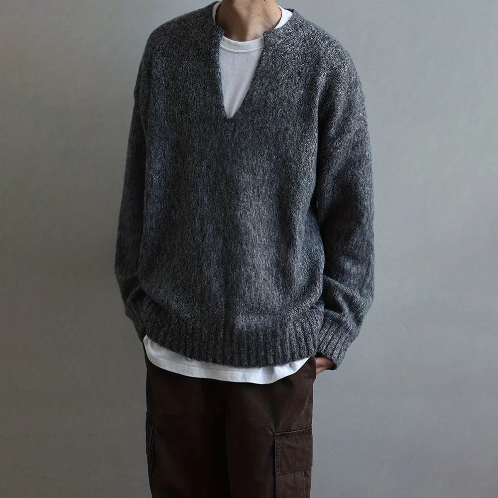 American Street Fashion Solid Color V-Neck Sweater Men Autumn And Winter Lazy Style High-End Casual Knitted Sweater Jacket Men