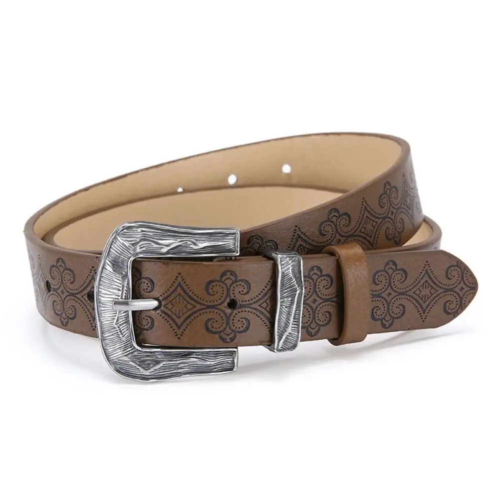 Alloy Pin Buckle PU Leather Belt Antique Metal Buckle Faux Leather Embossed Pattern Waist Belt Western Style Carved