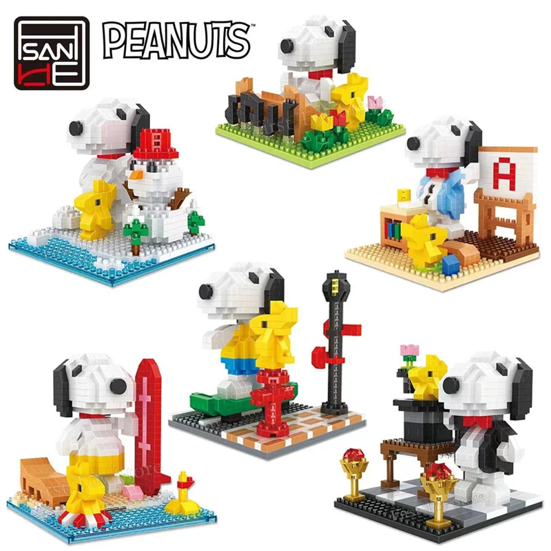 Genuine Peanuts Anime Snoopy Figures Kawaii Cartoon Building Blocks Toy Mini Bricks Assemble Educational Toys For Children Gifts