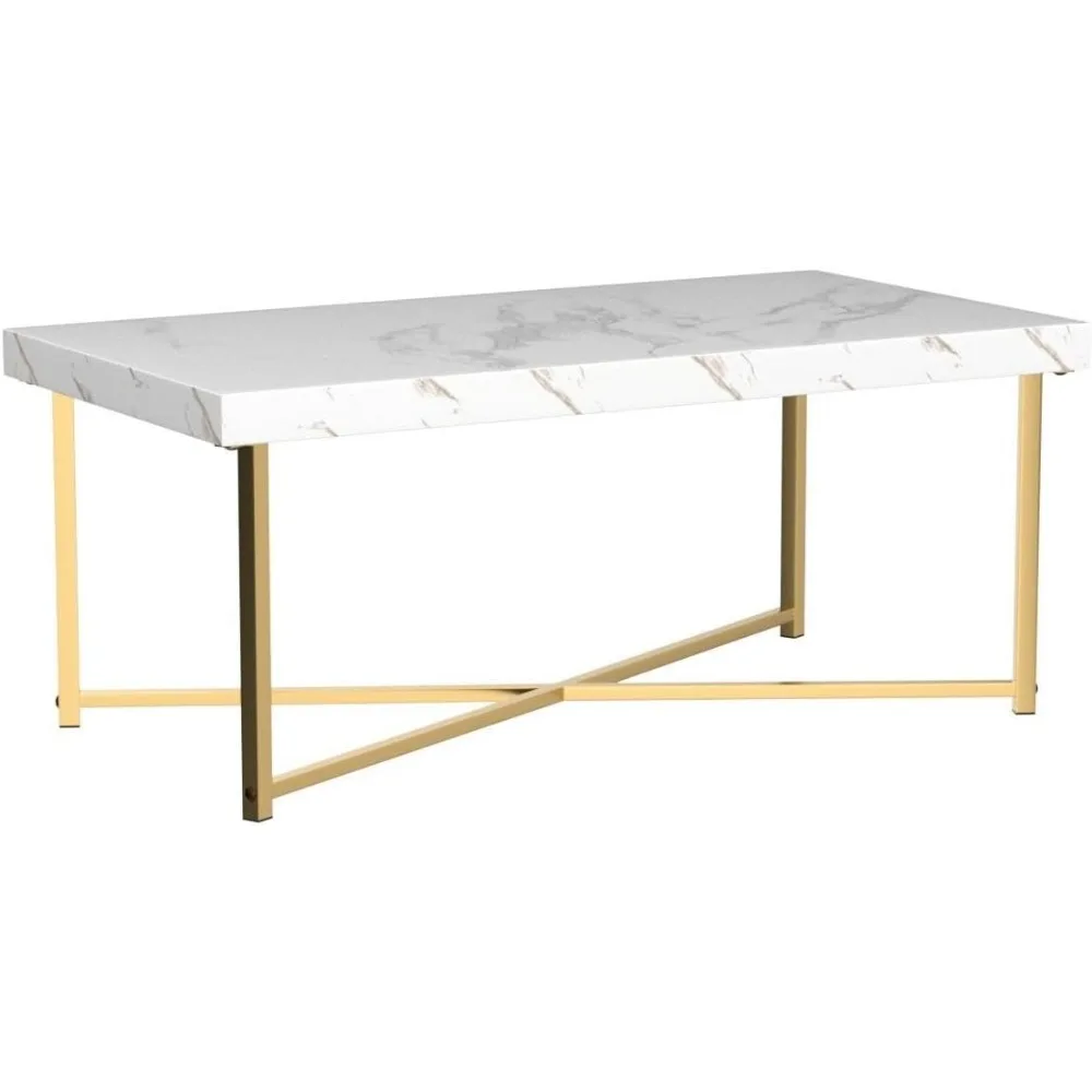 Mesa de centro de mármol Rectangular, mesa de acento x-base para sala de estar, comedor, decoración del hogar con parte superior de mármol falso, blanco, 44in