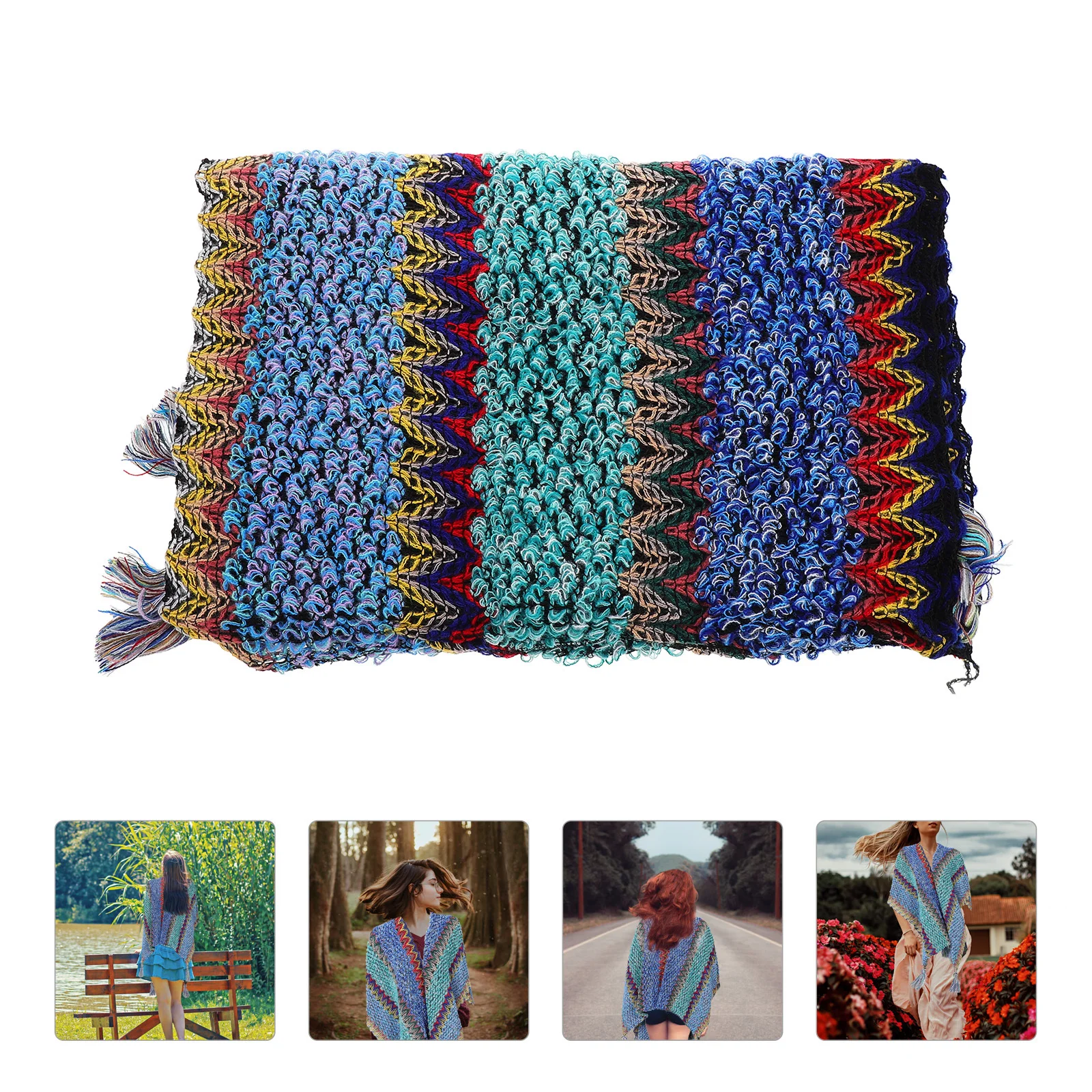 

Женский свитер-пончо в стиле бохо, вязаная бахрома, стильная дорожная фотография, повседневная одежда, свободная винтажная вязаная крючком накидка, большие размеры с кисточками