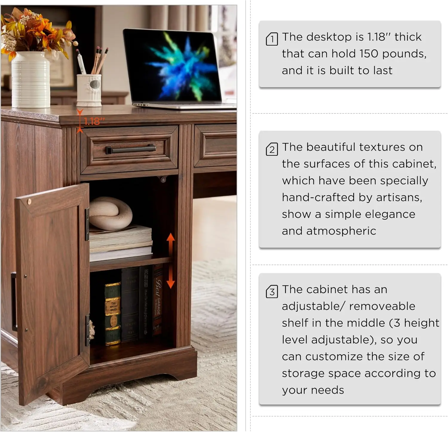 Mesa executiva de 58", mesa de computador de fazenda com gavetas e armário, mesa de escritório doméstico com textura em relevo, marrom escuro