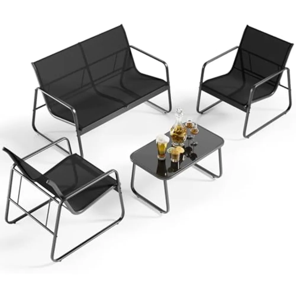 

4 Piece Patio Furniture Set, Outdoor Patio Furniture with Loveseat and 2 Single Chairs, Bistro Table and Chairs Set for Backyar