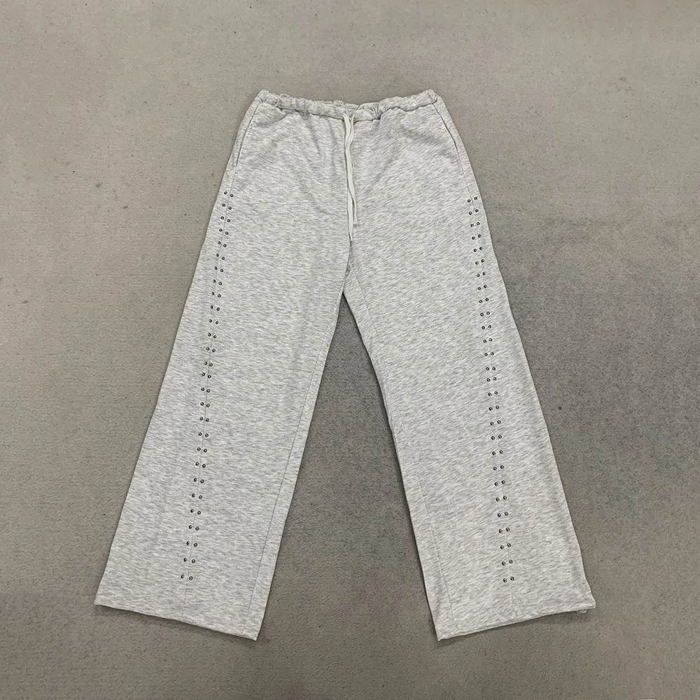 Autumn Women's Wide Leg Sports Casual Pants With Metal Rivets On The Side Drawstring Elastic Waist Loose Pants