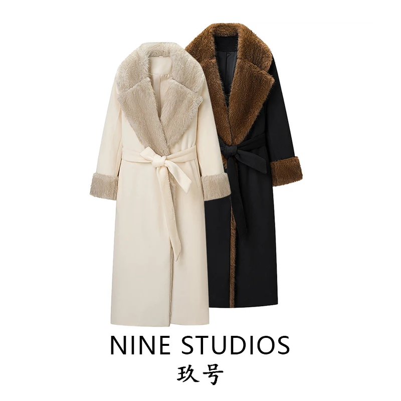 

Длинное шерстяное пальто Ele с большим меховым воротником и поясом, дизайн в европейском стиле, женский модный летний сезон