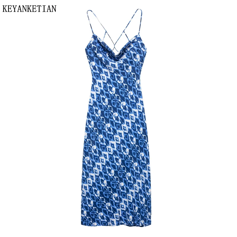 

KEYANKETIAN 2025Summer New Women's Geometric Tie-dye print Slip Dress Slim Sexy Hollow out Backless Swinging Collar MIDI Dresses