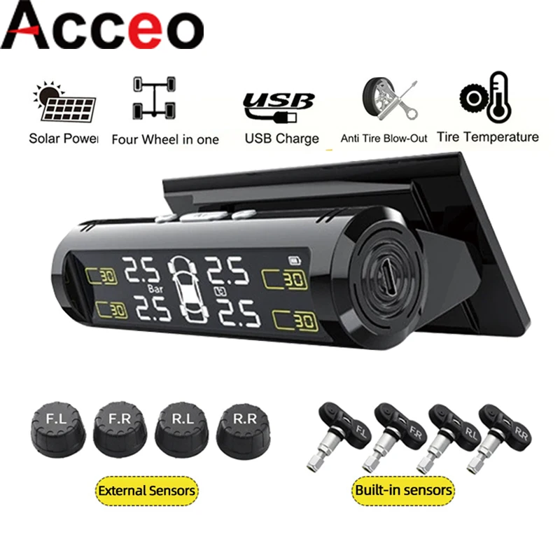 

E-ACE Solar TPMS: Беспроводной монитор давления и температуры в шинах для автомобилей и внедорожников, 4-колесный, с функцией оповещения в реальном времени