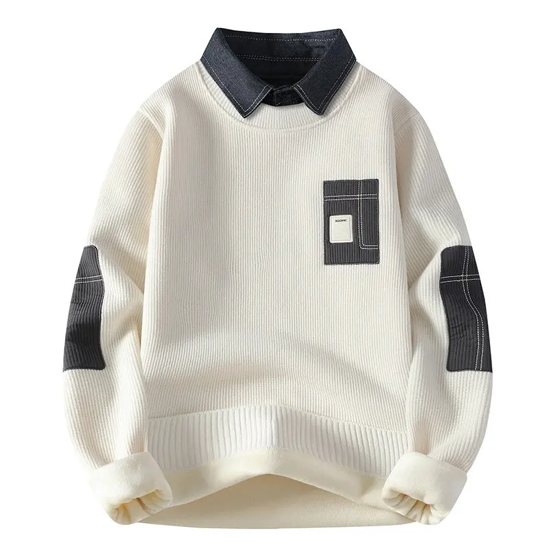 

Мужской вязаный свитер Thiened Long Sve, осень-зима, повседневный воротник с воротником из двух предметов, модная городская одежда