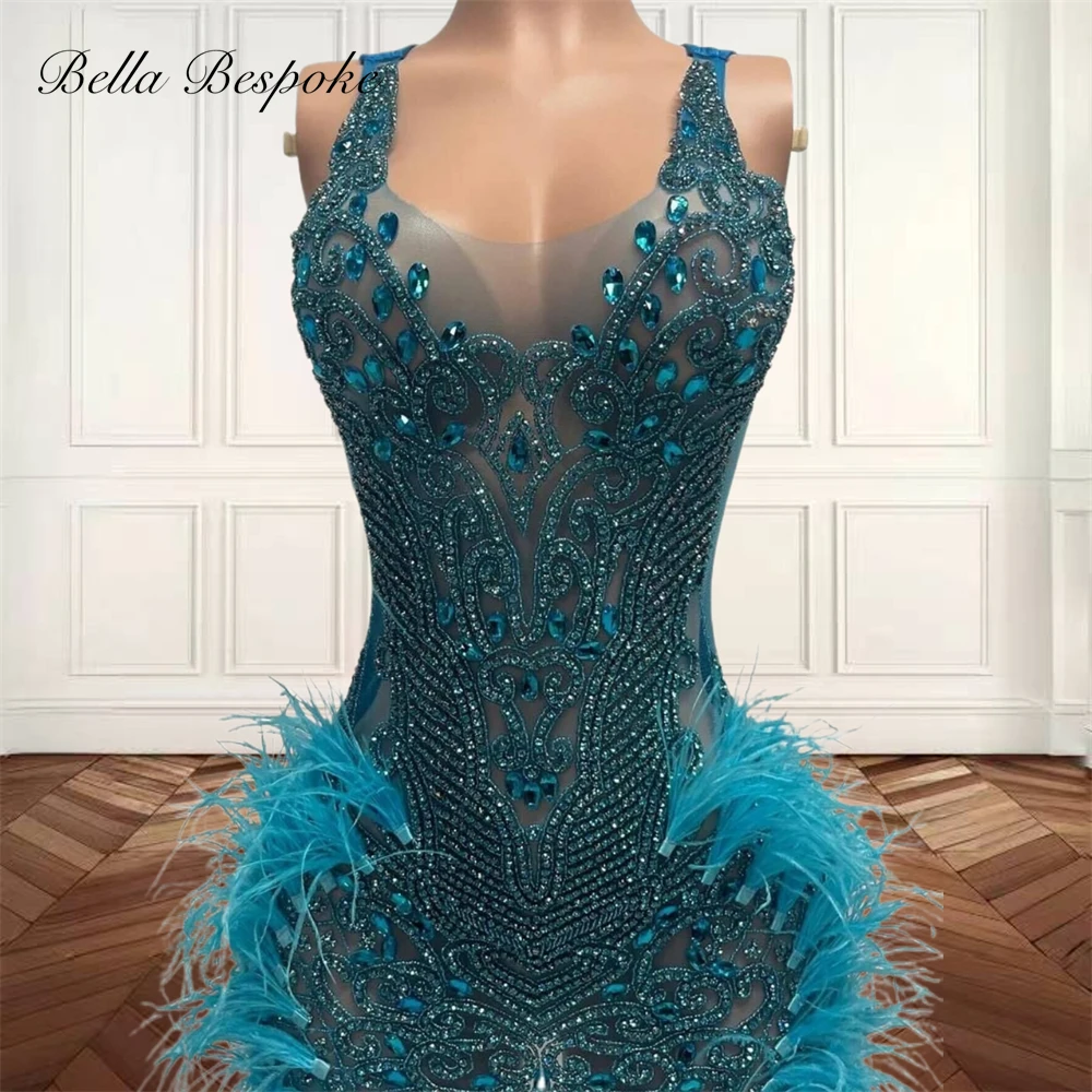 Blue Spaghetti Short Prom Dresses For Black Girls Bead Crystal 2024 Birthday Luxury Dress Feather Cocktail Homecoming Customized