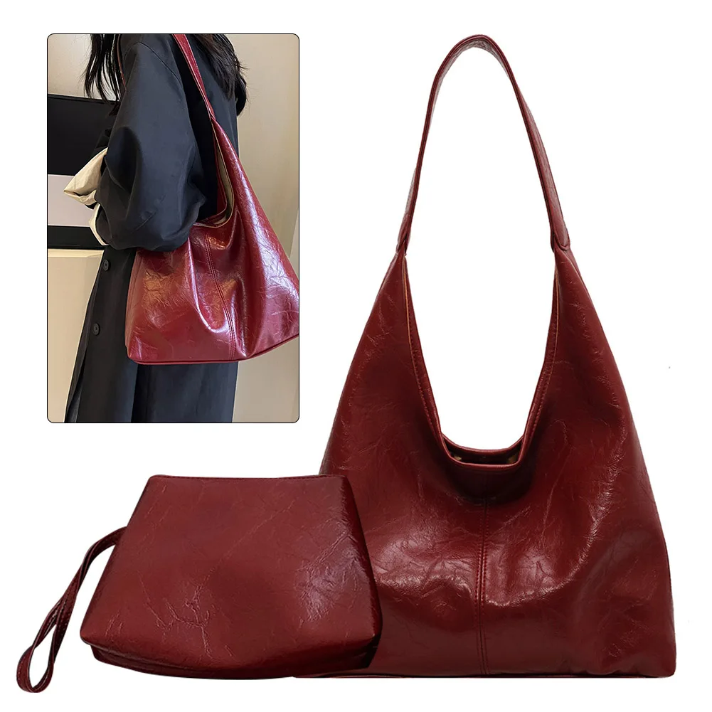 

Женская кожаная сумка через плечо Универсальная сумка-хобо и клатч Повседневная сумка через плечо из 2 предметов и комплект сумок Сумка-хобо Сумка для поездок на работу