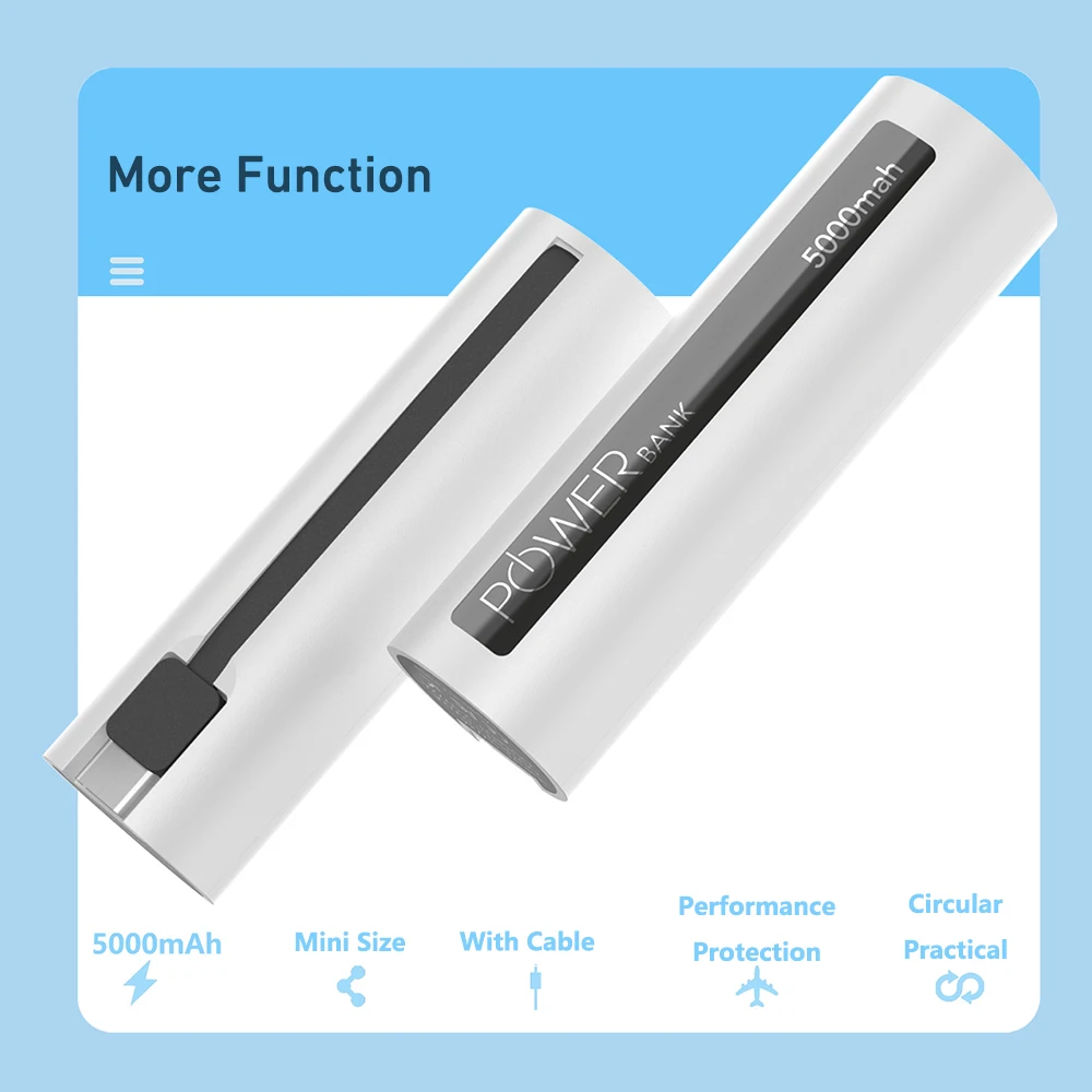 5000mAh Power Bank Mini with USB C Cable Portable Charger for iPhone 14 12 pro Xiaomi Mi 10 13 Huawei Samsung S23 Mini Powerbank