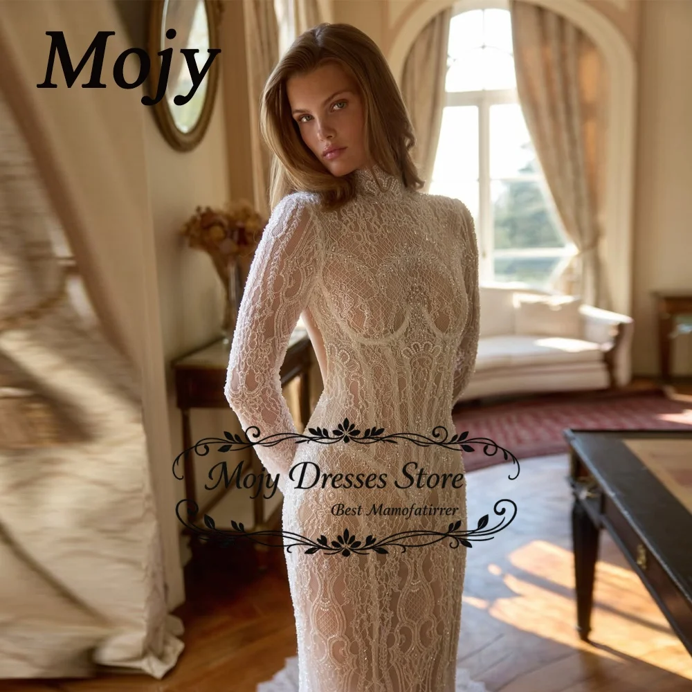 Mojy 2026 lvory Lace Wedding Dresses High Neck Full Sleeves Bridal Gowns Women Sweep Train Bride Dresses Customized