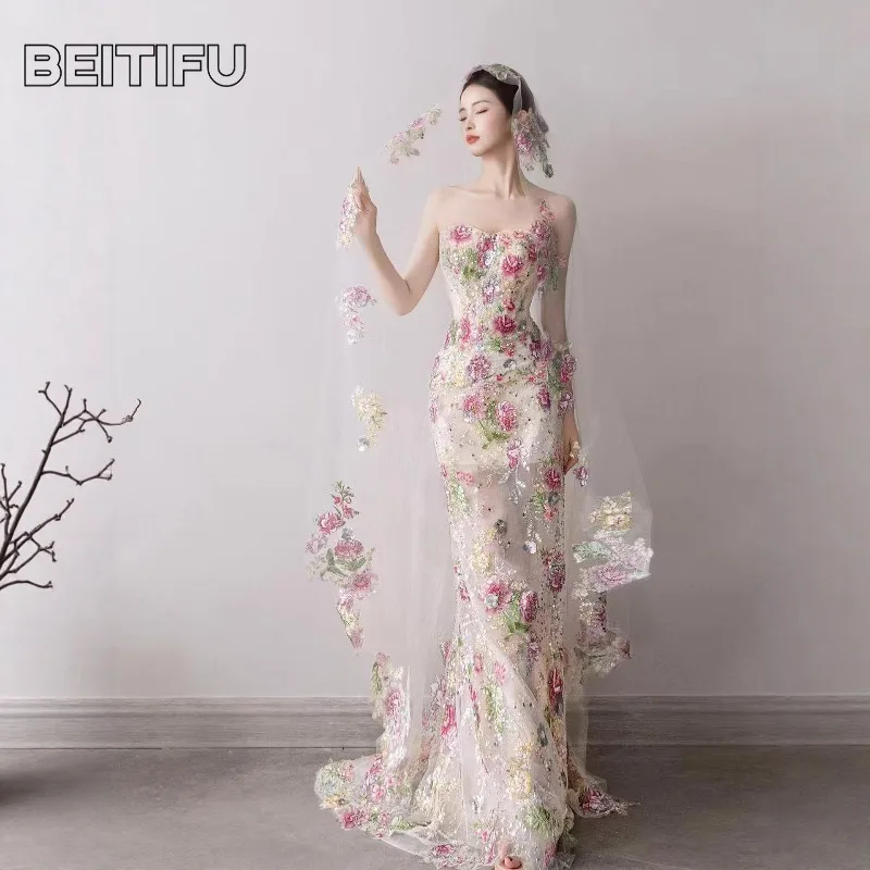 BeitifuBaby Fashion French Fish Tail Light Wedding Dress Heavy Industry Pearl Embroidery Lace Evening Party Dress for Women