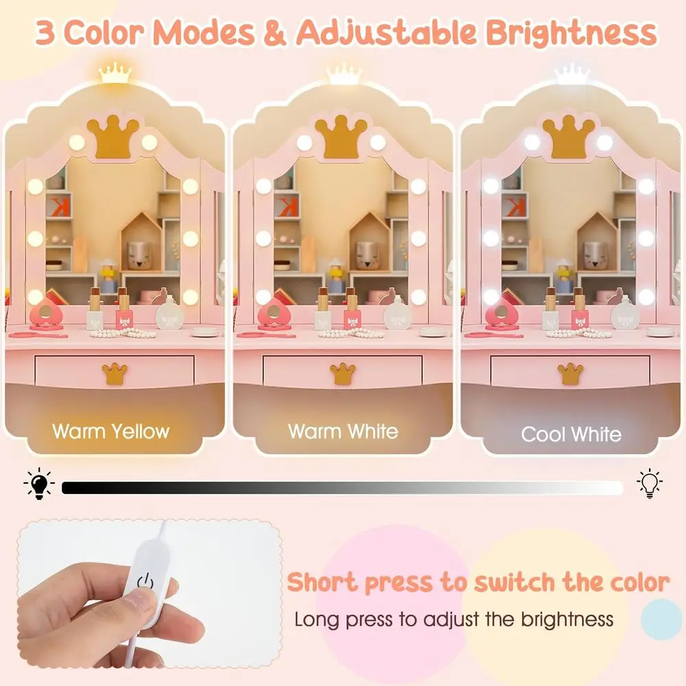 Kids Vanity with Lights, Girls Vanity Set with Mirror and Stool, Der, 2 in 1 PrincMakeup Desk Dring Table, Kids Vanity Table and