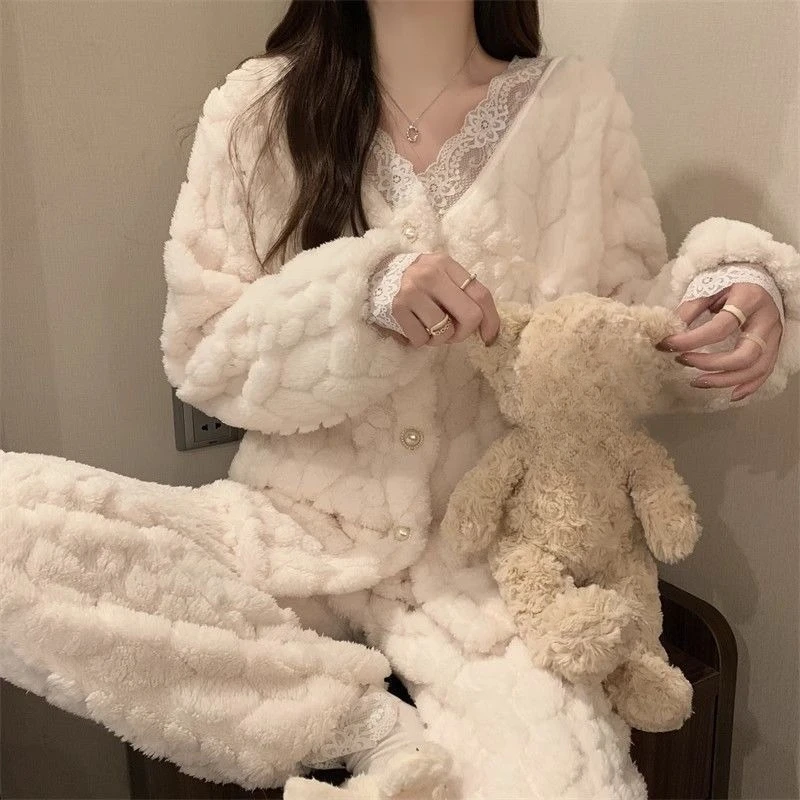 Pajamas Women Autumn Winter Small Fragrant Coral Velvet V-neck Lace Flannel and Velvet Thickened Plus-size Home Wear Loungewear