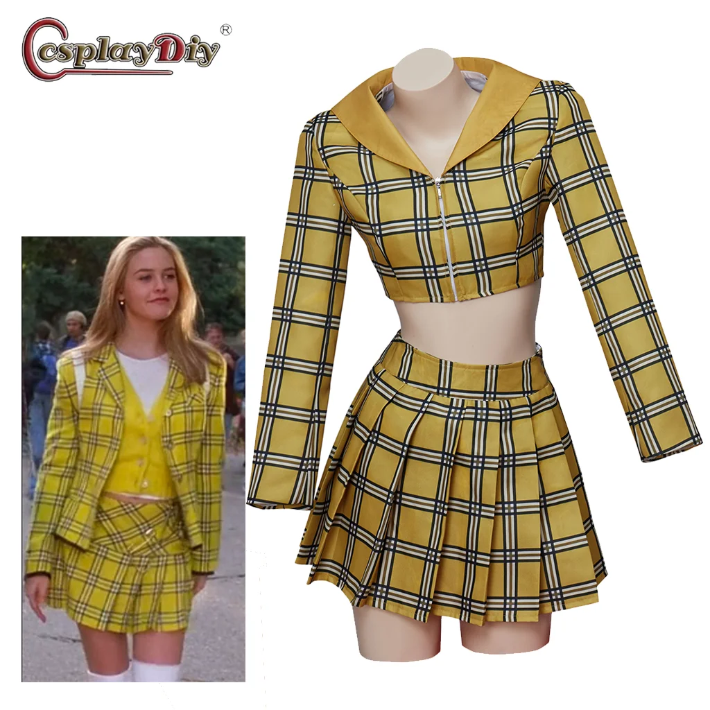 In Stock Movie Clueless Cher Cosplay Horowitz Dress School Uniform Yellow Plaid Girl Outfit Crop Top Skirt Suit Outfit Halloween